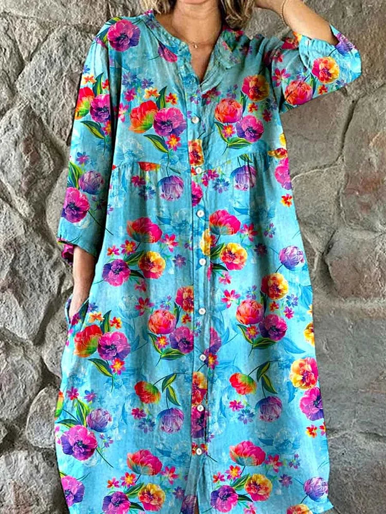 Paula | Vestido Camisero Con Estampado Floral De Rosas